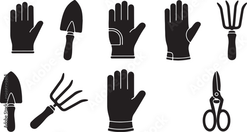 Black Solid Autumn Garden Cleanup Tool and Glove Silhouettes