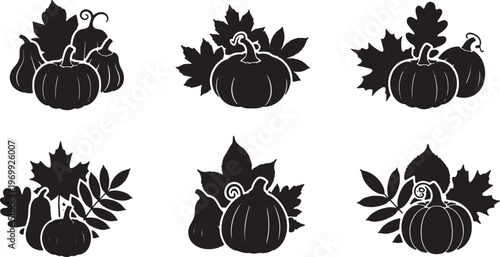 Black Solid Fall Leaves and Small Gourds Silhouettes Set of Six
