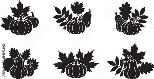 Black Solid Fall Leaves and Small Gourds Silhouettes Set of Six