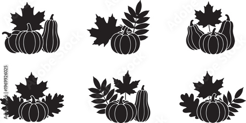 Black Solid Fall Leaves and Small Gourds Silhouettes Set of Six