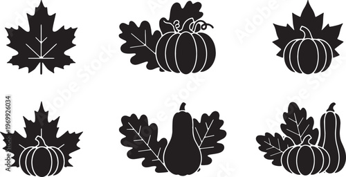 Black Solid Fall Leaves and Small Gourds Silhouettes Set of Six