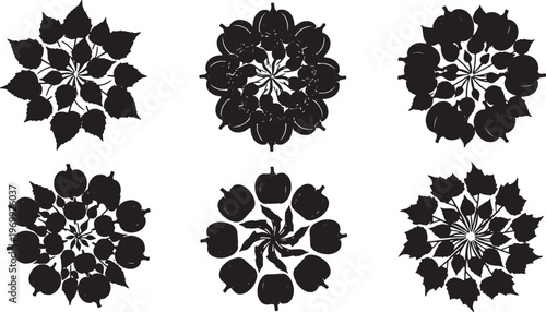 Black Solid Abstract Autumn Mandala and Swirl Pattern Silhouettes