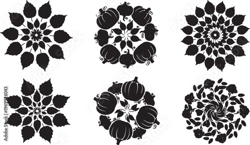 Black Solid Abstract Autumn Mandala and Swirl Pattern Silhouettes