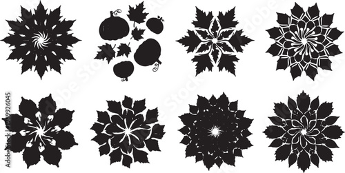Black Solid Abstract Autumn Mandala and Swirl Pattern Silhouettes