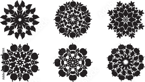 Black Solid Abstract Autumn Mandala and Swirl Pattern Silhouettes