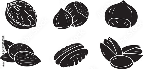 Black Solid Autumn Harvest Nut Silhouettes in Shells Set of Six