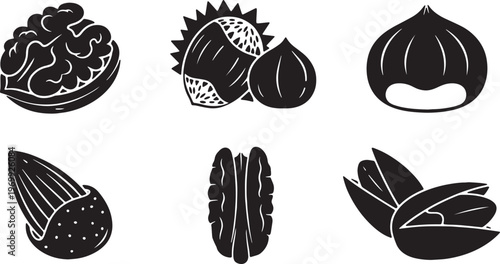 Black Solid Autumn Harvest Nut Silhouettes in Shells Set of Six