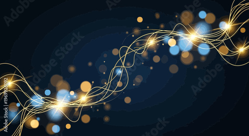 Abstract glowing energy waves and particles on dark background
