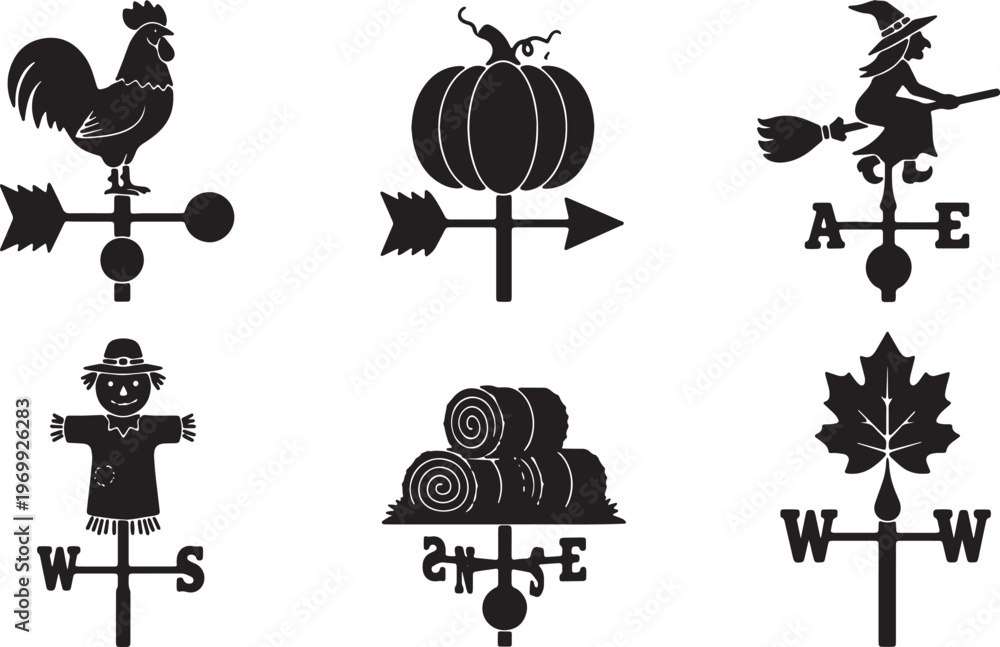 Naklejka premium Black Solid Autumn Themed Weather Vane Silhouette Collection