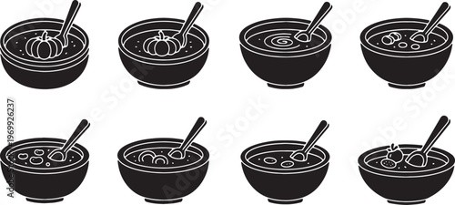 Black Solid Hearty Autumn Soup Bowl Silhouette Icons Set of Six