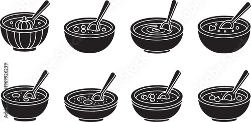 Black Solid Hearty Autumn Soup Bowl Silhouette Icons Set of Six