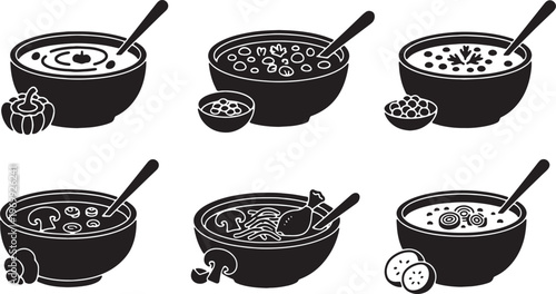 Black Solid Hearty Autumn Soup Bowl Silhouette Icons Set of Six