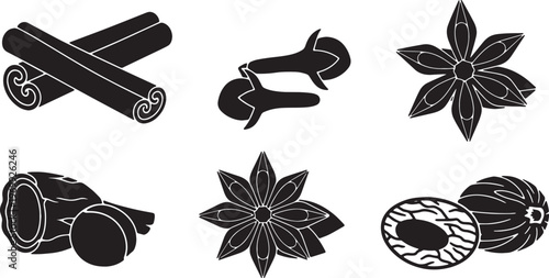 Black Solid Autumn Spice and Herb Icon Silhouettes Set of Six
