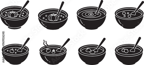 Black Solid Hearty Autumn Soup Bowl Silhouette Icons Set of Six