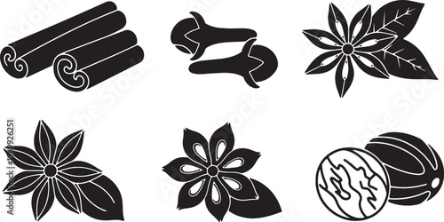Black Solid Autumn Spice and Herb Icon Silhouettes Set of Six