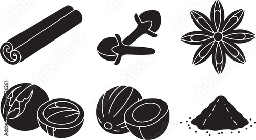 Black Solid Autumn Spice and Herb Icon Silhouettes Set of Six