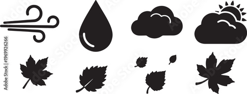 Black Solid Autumn Weather and Climate Icon Silhouettes Set of Six