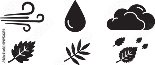 Black Solid Autumn Weather and Climate Icon Silhouettes Set of Six