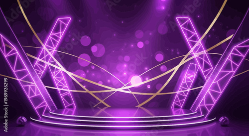 Futuristic Neon Stage with Purple Haze and Gold Ribbons