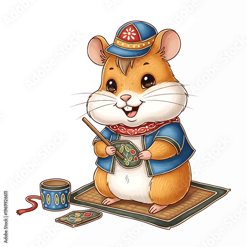 Cute Hamster Wearing Traditional Costume Playing Drum.
