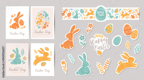Easter collection of cards and stickers. Perfect for packaging, website design, cards and textiles