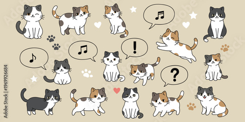 Cute cartoon cat set different breeds and poses with speech bubbles and paw prints on beige background.