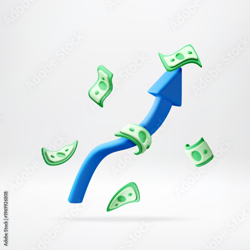 3D Blue arrow pointing upward with floating paper money banknotes. Financial graph showing profit growth and market success. Currency increase and economic gain. Vector illustration
