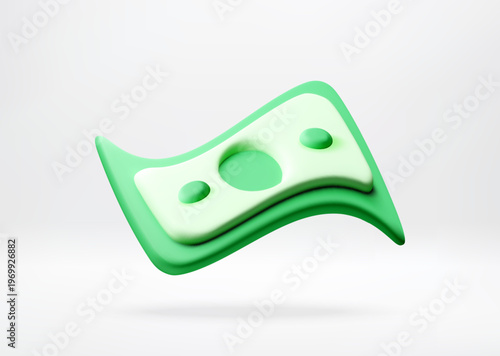 Green paper banknote in 3d. Concept of finance, wealth, business economy and currency symbol. Floating money icon isolated on a light background for graphics. Vector illustration