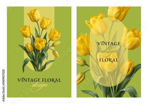 Vintage vector illustration with elegant tulip bouquet on a changeable background. Floral design template for wedding invitation, greeting card, notebook cover, flyer or certificate.	