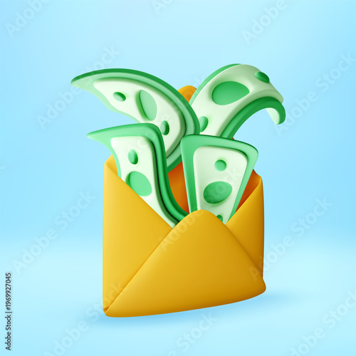 3D Green paper banknote inside yellow mail envelope. Concept of cash payment, financial reward or bonus delivery. Digital illustration of money transfer in social media marketing. Vector illustration