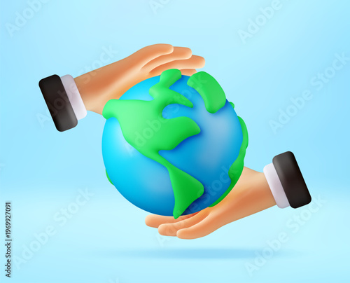3D Businessman hands holding planet earth. Icon of globe in human palms. Environmental protection and sustainability. Global business communication and international cooperation. Vector illustration
