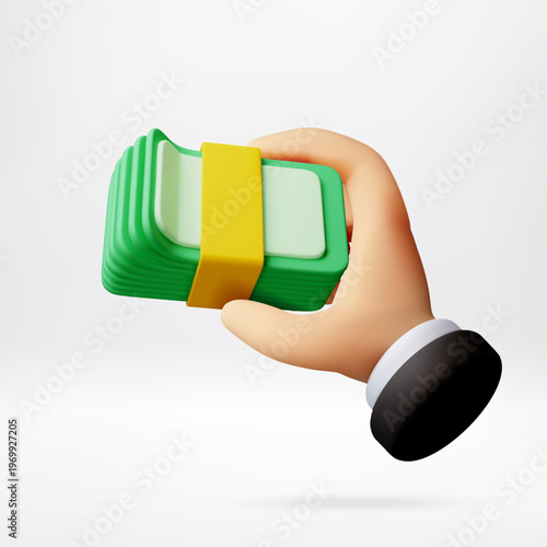 3D Cartoon hand holding a stack of cash. Business concept of money, investment, savings and financial growth. Hand with money bundle on white background. Vector illustration