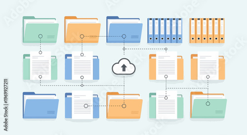 Graphic illustration of a business document organization system with folders and files syncing to the cloud on a light background.
