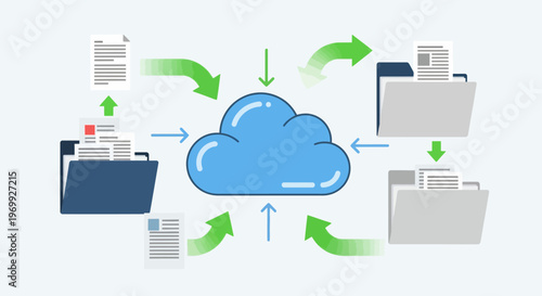 Cloud storage illustration with folders and documents syncing in a business workflow against a clean background with a modern and organized mood.
