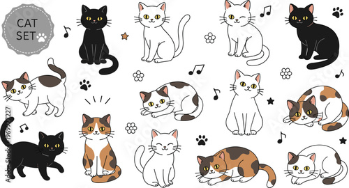Various cute cats set different colors and poses isolated on transparent background vector illustration.