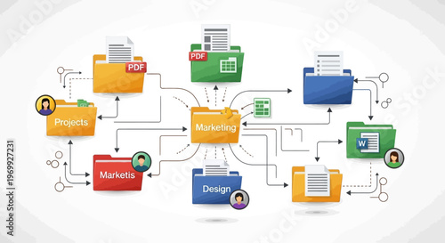 Infographic illustration of a business workflow with folders and documents in a colorful, flat design against a clean white background.