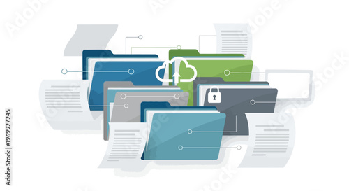 A collection of colorful folders and documents arranged in a creative flat lay composition with a mix of blue, green, and gray hues against a clean white background.