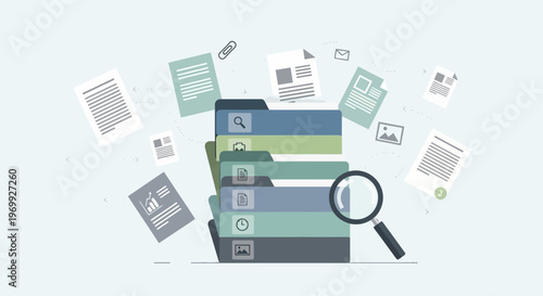 A stack of business documents and a folder with a magnifying glass on top, surrounded by floating papers and icons against a clean background.