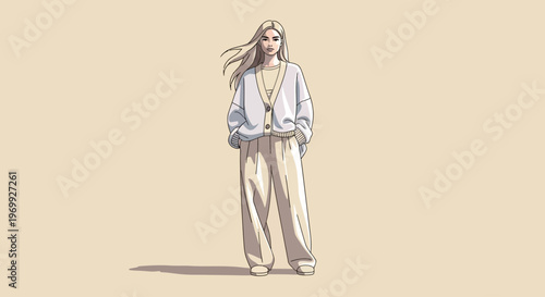 A young woman in a stylish outfit with a fashionable jacket and wide-legged pants standing confidently against a plain beige background with a strong sense of personal style.