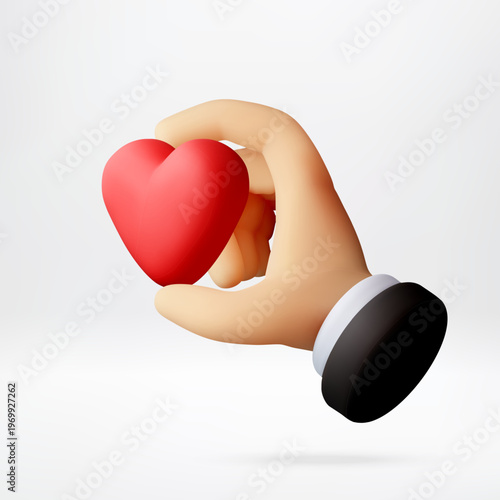 3D hand holding red heart icon. Concept of care, health support, charity and love. Digital illustration of kindness and human gesture isolated on white background for web design. Vector illustration