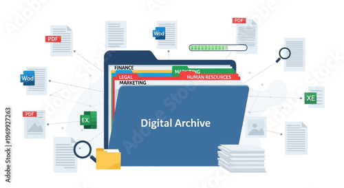 A digital illustration of a blue folder labeled 'Digital Archive' with various colorful documents, icons, and a magnifying glass on a white background, conveying a business and organization