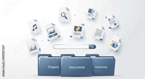 A business organization system with labeled folders and floating icons representing documents and projects against a clean white background with a professional and productive mood.