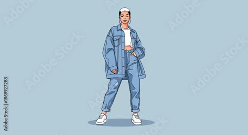 Full-body illustration of a stylish young man wearing a blue denim outfit and white sneakers, standing confidently against a light blue background with a fashionable and modern style.