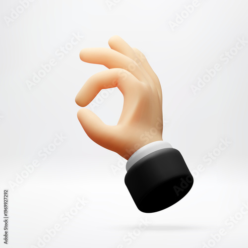 3D hand showing okay gesture. Cartoon businessman hand sign indicating approval or success. Stylized digital icon for business presentation, web interface and communication design. Vector illustration
