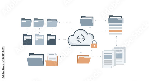Illustration of a cloud-based document management system with folders and files syncing to the cloud with a padlock, showcasing business data security and organization.