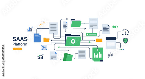 Infographic illustration of a SAAS platform with various business and document icons connected in a flowchart against a clean white background.