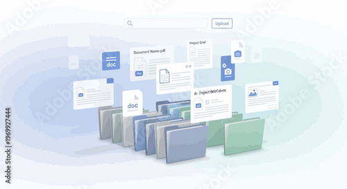 A collection of business folders and documents floating in a digital space with a soft blue and green gradient background.