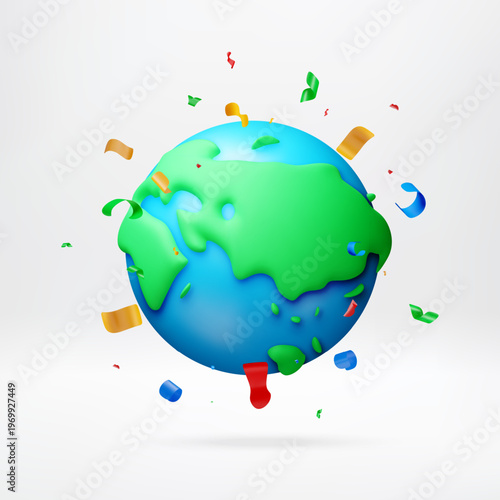 3d illustration of earth globe with colorful falling confetti around. Celebration of world holiday and global event. Environmental concept with decorative festive paper shapes. Vector illustration