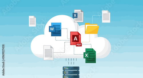 Illustration of a cloud storing business documents and files connected to a server with a gradient blue background.