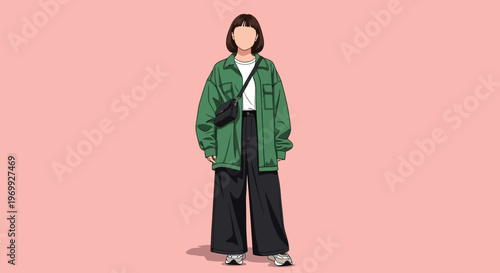 A young woman in a green jacket and black pants standing against a pink background, showcasing her personal style.